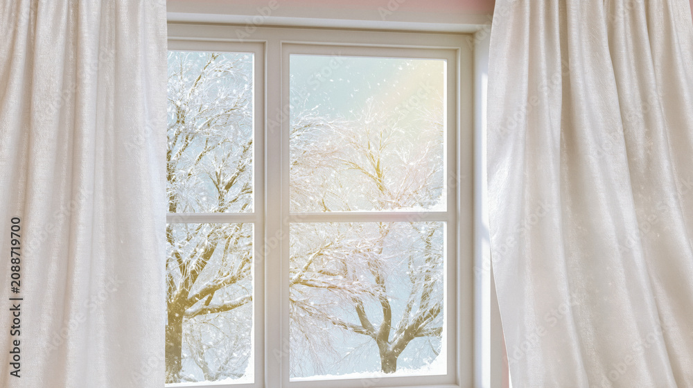 Fototapeta premium From a cozy interior, white curtains frame a window showing snow-covered trees outside. Soft winter light illuminates the peaceful, serene landscape.