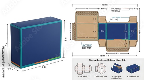 Blue cardboard box template with assembly instructions and measurements