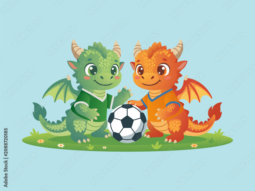 Fototapeta premium Two Cute Dragon Soccer Players, Kids Sports Fantasy Vector Illustration for T-Shirt Design