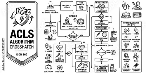 Fotografía ACLS Algorithm Crosshatch Black White-VT Pathway Adrenaline Reversible Cause-Adv