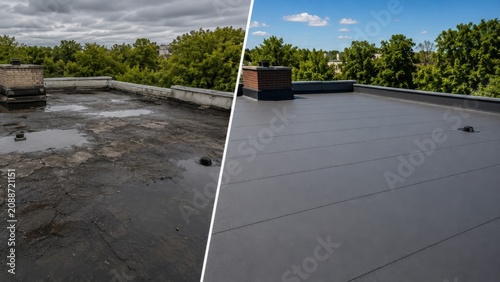 Damaged flat roof and dry modern rooftop with proper drainage