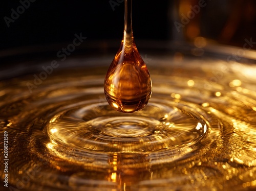 Macro shot of a golden oil drop falling into a liquid surface with concentric ripples