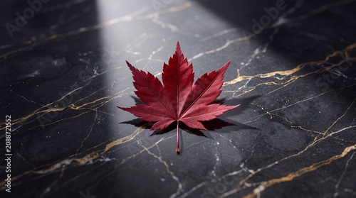 Single vibrant red maple leaf resting on a dark, luxurious marble surface with elegant gold veining and dramatic spotlighting