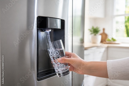 A hand holds a glass under a water dispenser attached to a refrigerator. Water flows into the glass as sunlight enters the room. The setting is a bright kitchen with plants.