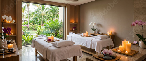 Cuadro en lienzo Luxury spa massage room with two therapy tables and view of tropical garden