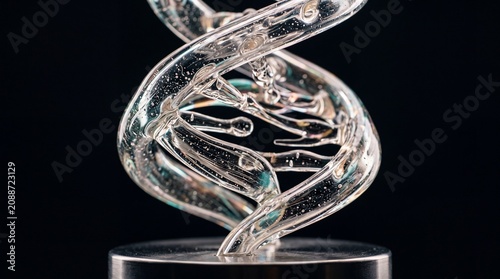 Artistic glass DNA double helix model with internal bubbles mounted on a metal base against a dark background