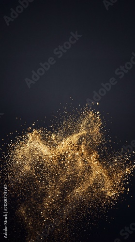 Golden glitter explosion with shimmering dust particles splashing against a dark charcoal background