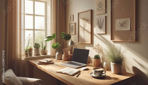 Bright remote workspace featuring wooden furniture, indoor plants and minimalist decor.