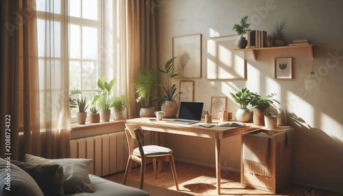 Cozy home office with natural daylight, Scandinavian styling and generous copy space for business and lifestyle concepts.