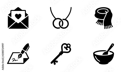 Love Letter, Interlocking Rings, Scarf, Quill Pen, Ornate Key, Bowl Icons: Romantic, Elegant, Classic Vector Symbols for Design