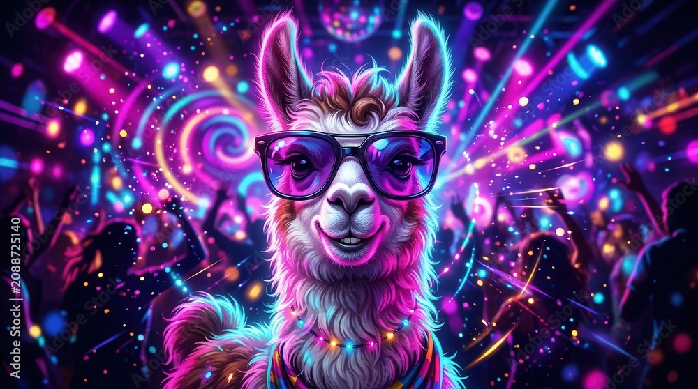 Fototapeta premium Funny happy llama with sunglasses in a vibrant neon disco party background.