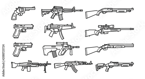 Schilderij op canvas Firearm Silhouettes Black Vector Illustrations On White Background