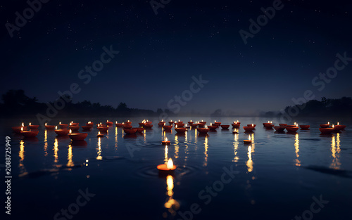Small glowing oil lamps floating on a calm dark river at night under a starry sky