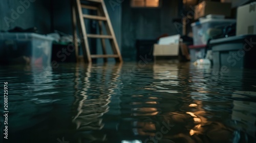 Deep water covers a basement floor with a ladder and stored belongings visible.