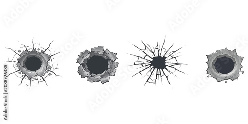 Cuadro en lienzo Set of four different bullet hole icons and cracked glass patterns for realistic