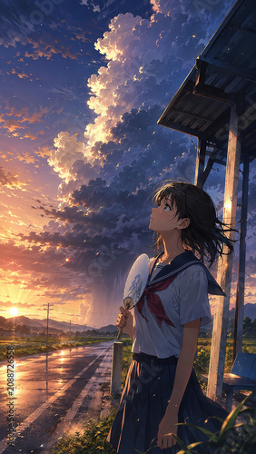 Schoolgirl in a sailor uniform holding a round paper fan and waiting at a rural bus stop under a dramatic sunset sky in summer,夕焼け空の下、田舎のバス停でうちわを持ち佇むセーラー服の少女