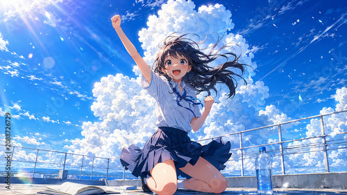 Cheerful schoolgirl kneeling and pumping her fist in triumph on a rooftop under a brilliant blue summer sky with cumulus clouds,夏の青空の下、屋上で膝立ちでガッツポーズをする喜ぶ女子高生と入道雲