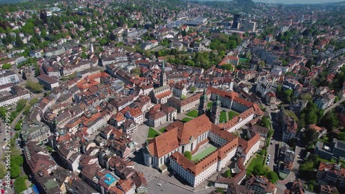 Aerial panoramic view above the old town around the city St Gallen in Switzerland on a sunny summer noon. 