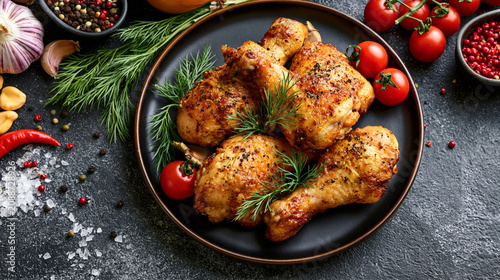 Gegrillte Hähnchenschenkel, schön präsentiert auf Teller als Mahlzeit mit Deko rundherum