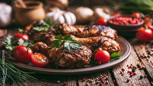 Gegrillte Hähnchenschenkel, schön präsentiert auf Teller als Mahlzeit mit Deko rundherum