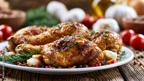 Gegrillte Hähnchenschenkel, schön präsentiert auf Teller als Mahlzeit mit Deko rundherum