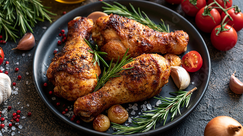 Gegrillte Hähnchenschenkel, schön präsentiert auf Teller als Mahlzeit mit Deko rundherum