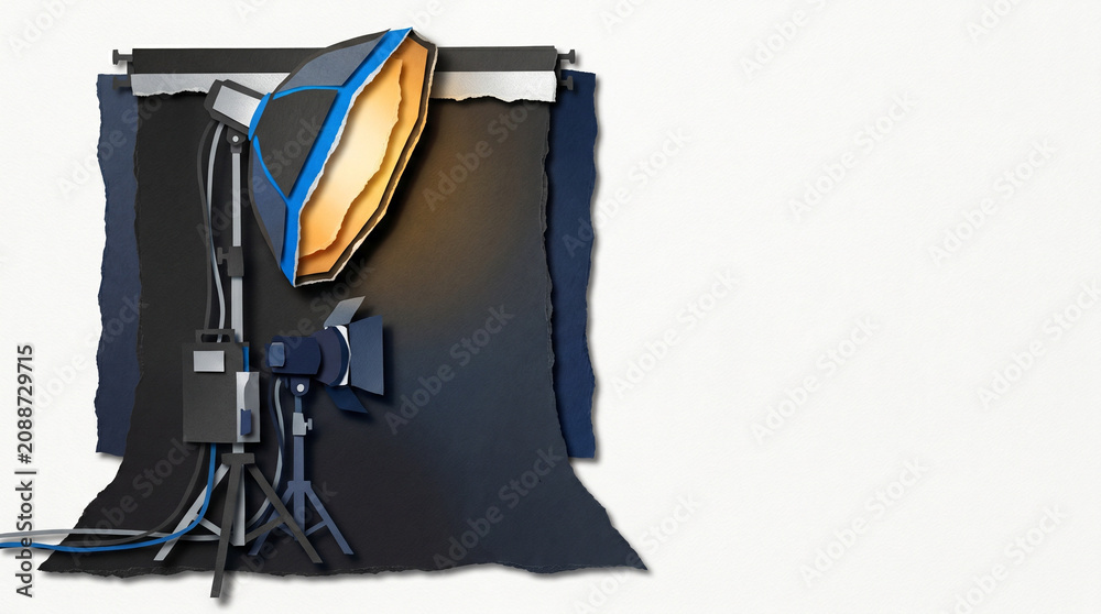 Fototapeta premium Studio lighting equipment setup with softbox on black backdrop 