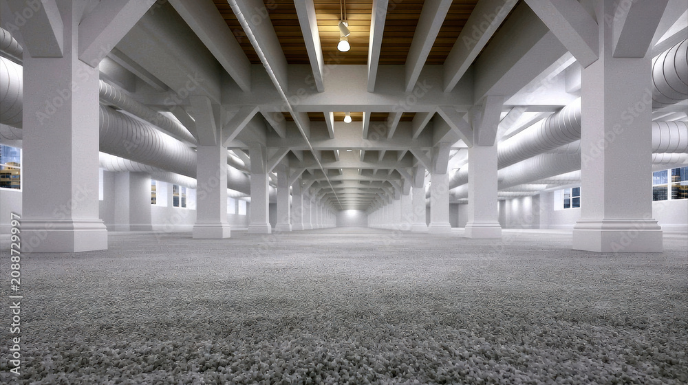 Obraz premium Spacious underground living room with white beams, carpet floor, industrial pipes, modern lighting, and large windows, creating calm atmosphere