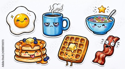 Set of cute kawaii breakfast food character stickers featuring coffee, pancakes, waffles, eggs, and bacon for digital planners and scrapbooking.