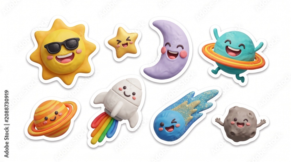 Obraz premium Adorable 3D plasticine space character stickers including a happy sun, rocket, and planets, ideal for decorating school projects and kids' digital designs.