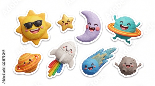 Adorable 3D plasticine space character stickers including a happy sun, rocket, and planets, ideal for decorating school projects and kids' digital designs.