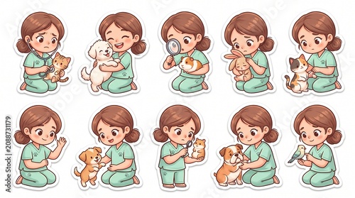 Cute female veterinarian sticker set showing various pet care interactions, perfect for veterinary clinic branding, educational projects, and medical graphics.