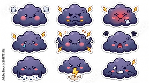 Set of cute dark cloud emoji stickers with various angry and sad facial expressions and lightning bolts, ideal for weather apps and digital journaling.