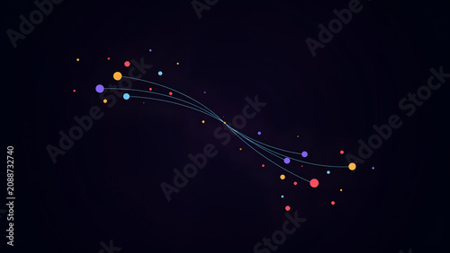 Abstract dark background, with connecting colorful, dots and curved lines