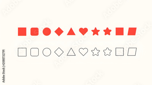 Set of flat red solid and black outline geometric shapes 