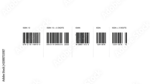 Set of five different barcode types with labels and numerical codes