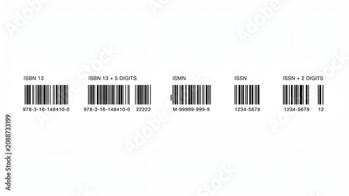 Set of five different barcode formats with isbn, ismn, and issn labels