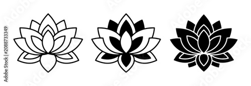 Lotus flower icon set for wellness and spa outline, solid and color styles, white background