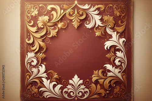 Poster Abstract Vintage Festive Floral White and Royalty Western Gold Leaf Floral Ornament Pattern on Bronze Red Maroon Stock Background & Copy Space. Nature Foliage Flourish Swirl Sparkles Silhouette