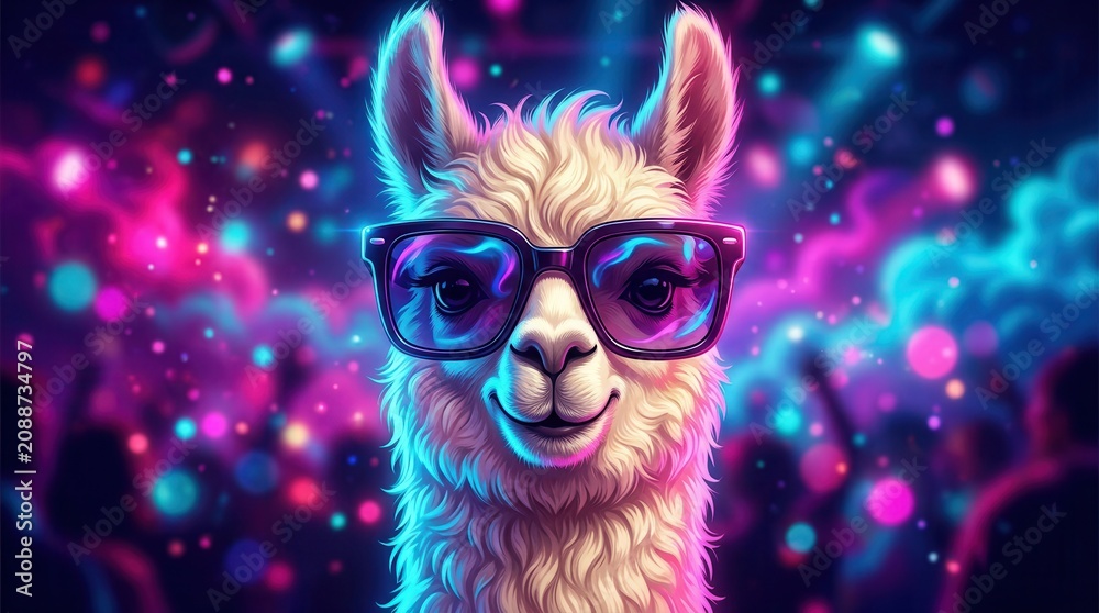 Fototapeta premium Happy llama with sunglasses amidst glowing neon lights in a disco party atmosphere.