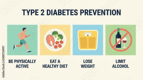 Health management guide for type 2 diabetes prevention with diet, exercise, and alcohol limitation tips.