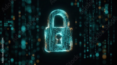 An abstract visualization of data protection and operational safeguards using a glowing padlock.