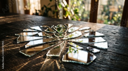 Sharp shards of broken mirror arranged on a rustic wooden table