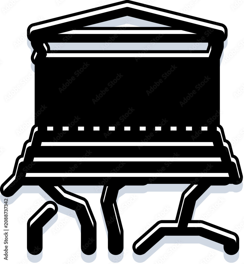 Obraz premium Classical building facade with triangular pediment, doric columns and steps leading to an entrance, minimalist black and white line art icon symbolizing temple, bank, court, or museum