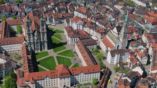 Aerial panoramic view above the old town around the city St Gallen in Switzerland on a sunny summer noon. 