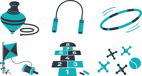 A colorful vector illustration set featuring various classic children toys like spinning tops jump ropes hoops kites and hopscotch games