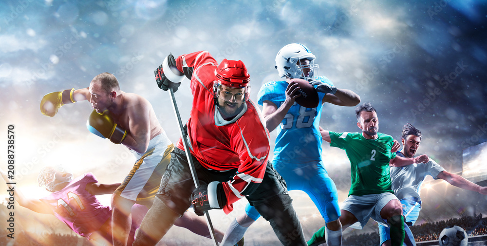 Fototapeta premium A multi-sport collage depicting various sports and hobbies. Athletes in a beautiful, large stadium full of fans. A collage of several sports.