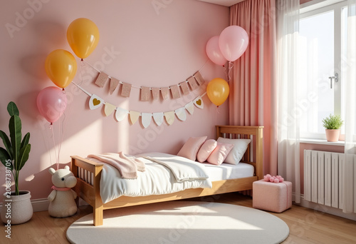 Children’s bedroom decorated for birthday, neutral pastel colors, balloons and gifts, cheerful festive mood