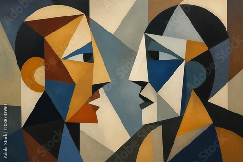 Two figures made of shapes and colors look at each other. They are created with sharp angles, showing a mix of blues, browns, and yellows. The design has an interesting balance of elements.