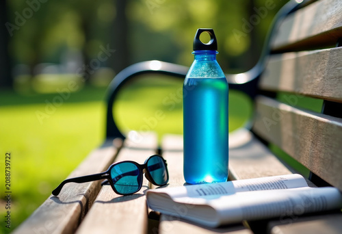 A single blue water bottle on a park bench is left, with sunglasses on the left, a book on the right, a newspaper folded near the bench, green surroundings, bright sunny day, realistic outdoor scene